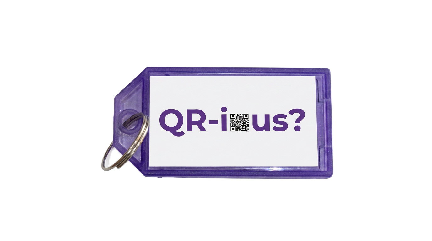 Purple Tag Keychain with a purple QR code