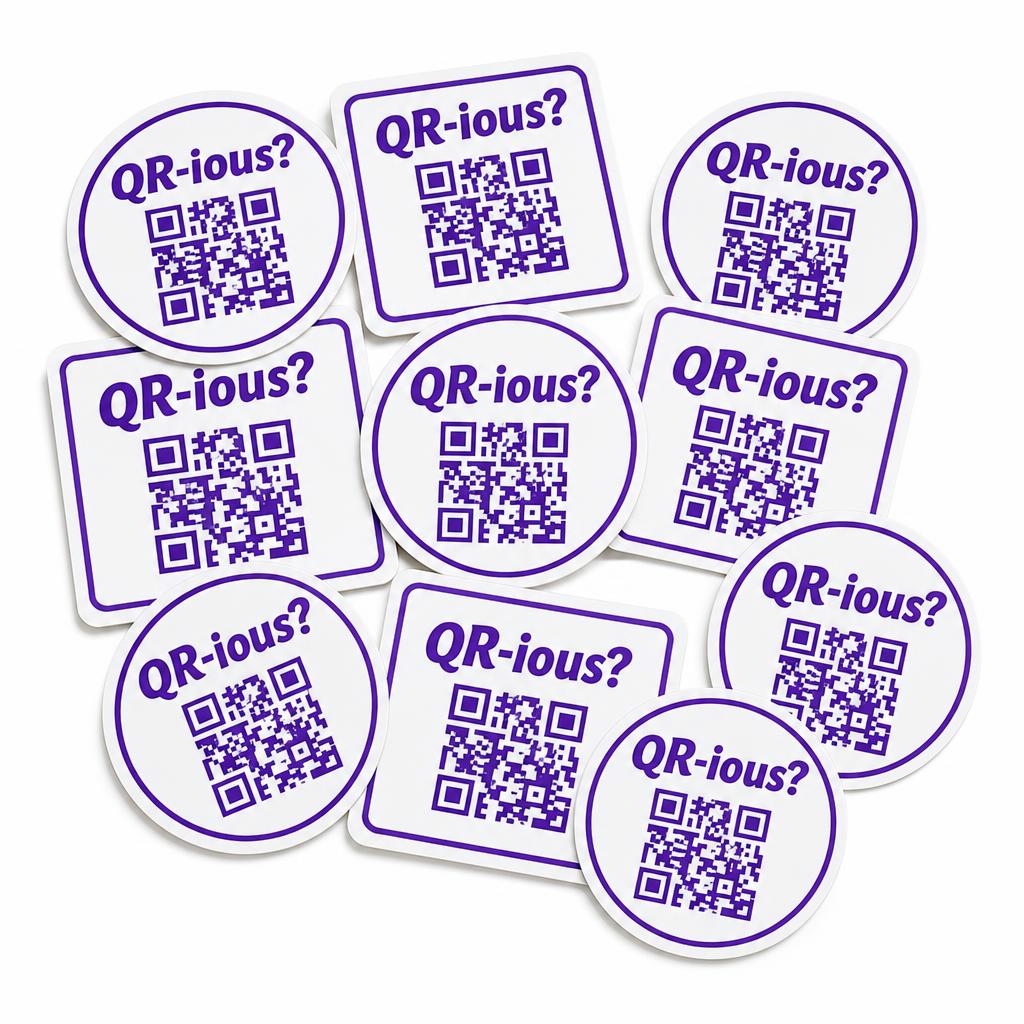 Sticker Pack (10) with a purple QR code