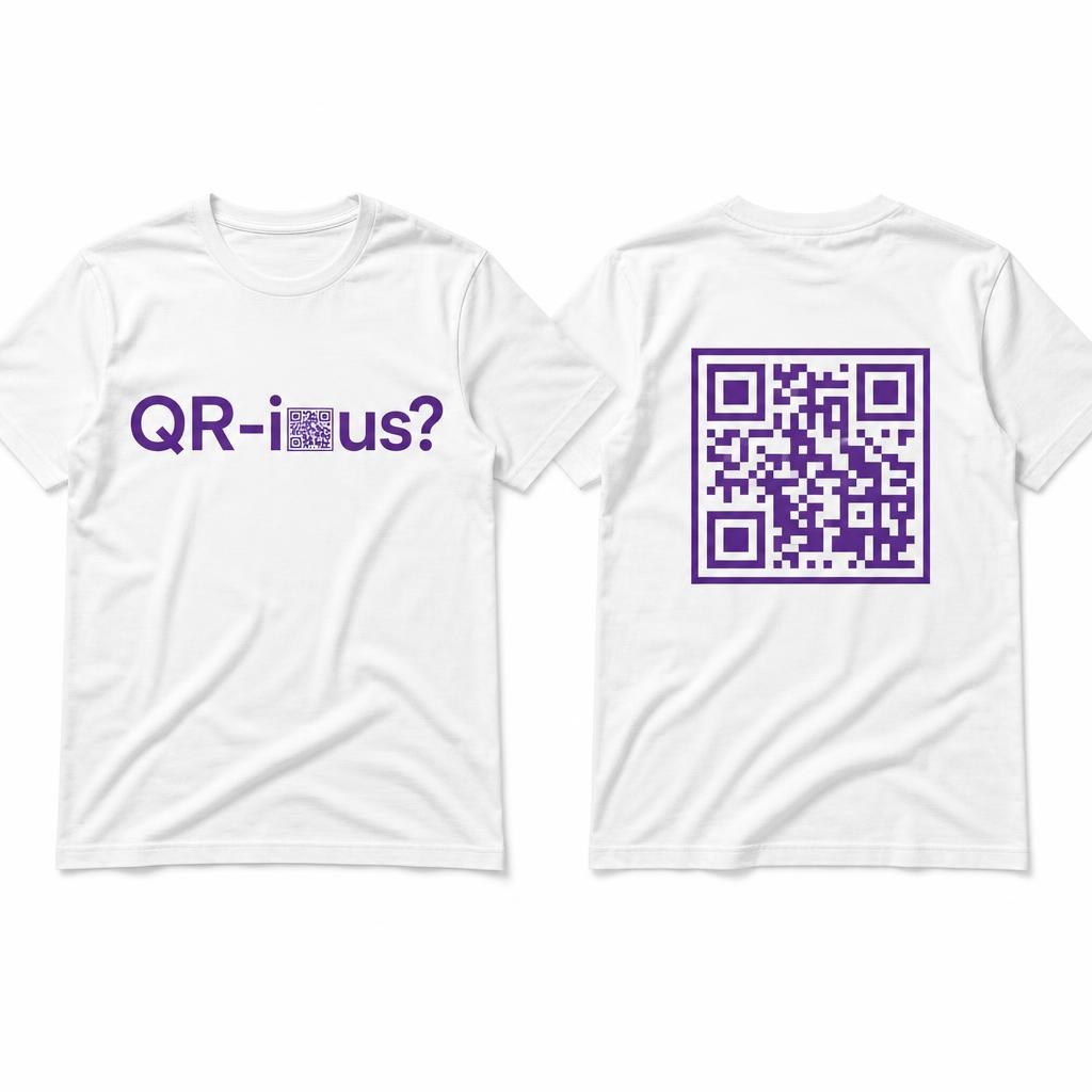 QR Tee with a purple QR code